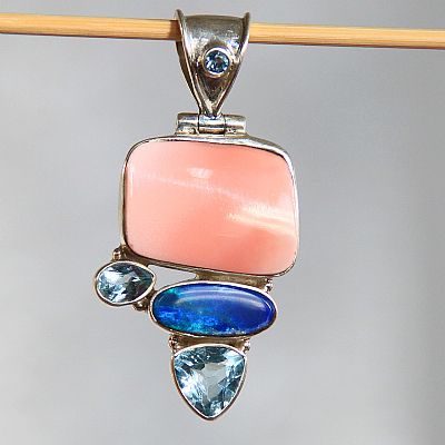 Frtrfflig rosa opal, eldopal och bl topas smycke hnge i .925 Sterling silver 5,3 cm